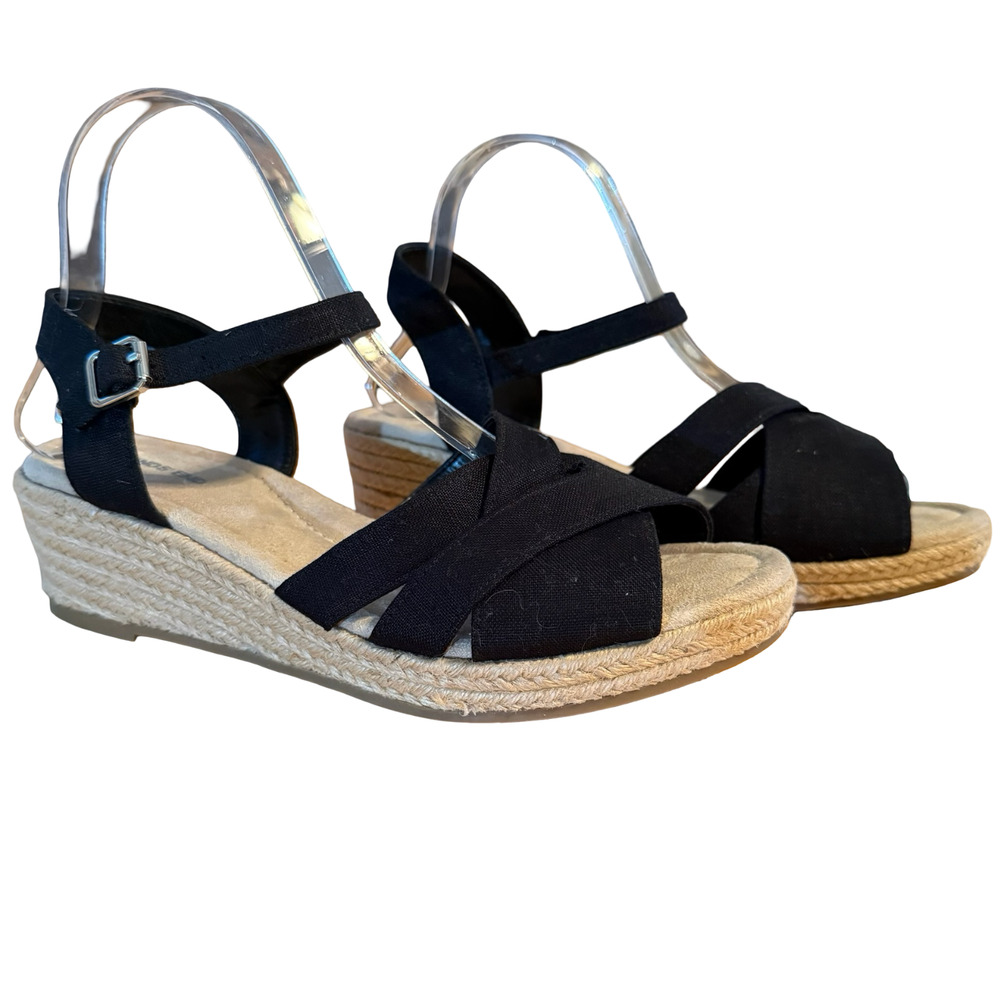 Lands End Womens Black Canvas Espadrille Sandals Ankle Strap Shoes Wedges sz 9 D
